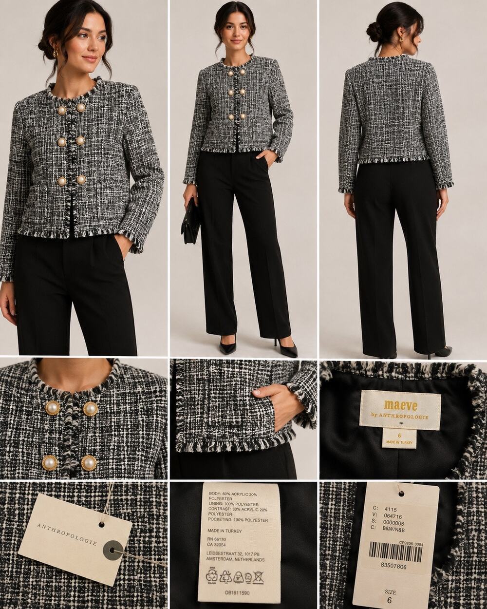 NWT Maeve Anthropologie Tweed Boucie Pearl Button Blazer Jacket Size 6